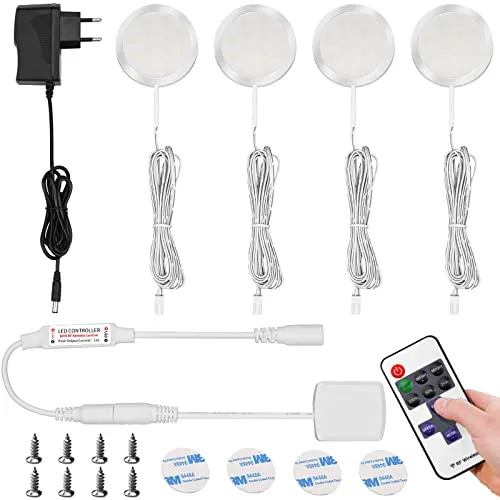 ALFFREUDE LED Unterbauleuchte 4er Set mit Fernbedienung - Energiesparlampen für Schränke und Vitrinen, dimmbar mit 11 Lichtmodi und langlebigen 35.000 Stunden Lebensdauer – perfekte Beleuchtungslösung für Ihr Zuhause.