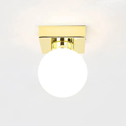Licht-Erlebnisse Deckenlampe STAR in Gold Weiß - Moderne Deckenleuchte für stilvolle Badezimmerbeleuchtung mit blendarmem Glas Kugelschirm. Freie Leuchtmittelwahl für individuelle Helligkeit und Lichtfarbe, passend über Spiegel oder als Wandlampe.
