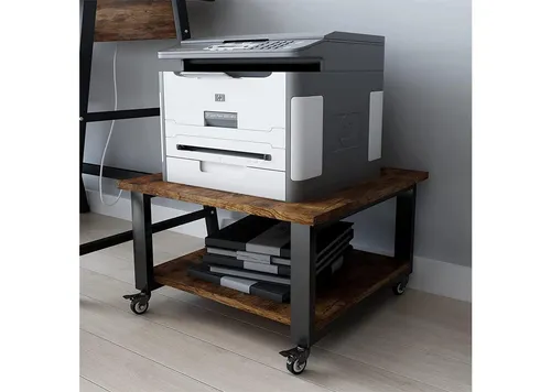 PUNCIA Druckertisch mit Rollen, 2 Ebenen, 50 x 50 cm - Platzsparender Druckerständer aus Holz und Metall, belastbar bis 70 kg. Mit vier beweglichen Rollen für einfache Mobilität. Ideal für Büro, Homeoffice oder Schule.