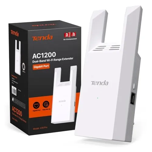 Tenda A18 Pro WLAN Verstärker Repeater AC1200, Dualband Repeater mit Gigabit-LAN(867 MBit/s 5GHz + 300 MBit/s 2,4GHz), Kompatibel mit Fritzbox, Abdeckung 150 m², AP Modus