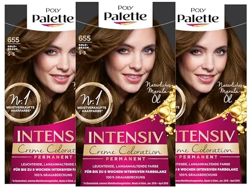 Produktbild SCHWARZKOPF POLY PALETTE Intensiv Creme Coloration, Haarfarbe 655/5-5 Goldbraun, 3er Pack (3 x 128 ml)
