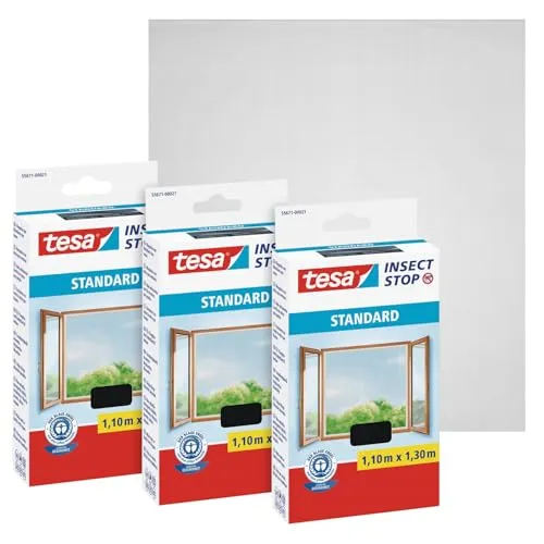 tesa Insect Stop Standard Fliegengitter für Fenster im 3er Pack - Insektenschutz zuschneidbar - Mückenschutz ohne Bohren - 3 x Fliegen Netz - 110 cm x 130 cm - Anthrazit