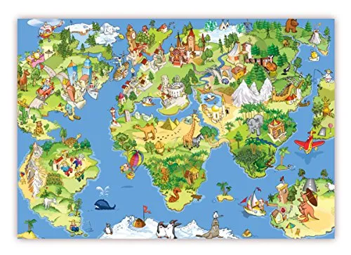 XXL Poster 100 x 70 cm (S-822) Wimmelbildposter Kinderposter schöne Weltkarte Landkarte mit Sehenswürdigkeiten und viel zu entdecken