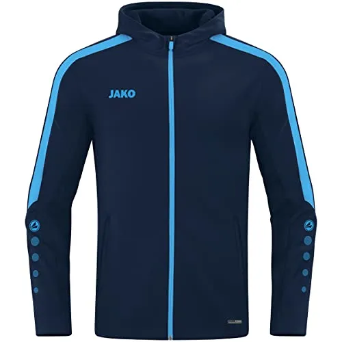 JAKO Kinder Kapuzenjacke Power, Marine/Skyblue, 164 - Funktionsjacke für aktive Kinder, atmungsaktiv und mit flauschigem Fleece gefüttert für warme Stunden beim Sport oder Freizeitaktivitäten. Mit praktischen Seitentaschen für kleine Utensilien.