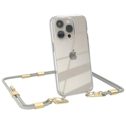 EAZY CASE - Handykette mit Karabiner kompatibel mit iPhone 15 Pro - Hülle Silikonhülle Fallschutz transparente Handyhülle Kette zum Umhängen Schutzhülle in Taupe - Clips Gold