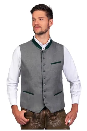 Edelnice Trachtenmode Weste Bastian Gr. 64 - Trachtenweste für Herren, gefertigt aus feiner grauer Wolle mit kunstvollen Stickereien und edlen Silberknöpfen – ideal für Hochzeiten und besondere Anlässe.