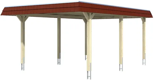 Einzelcarport SKAN HOLZ Wendland mit roter Blende - Flachdach Carport 409 x 628 cm aus hochwertigem Holz, inklusive Pfostenanker für stabile Montage – ideal für den Schutz Ihres Fahrzeugs.
