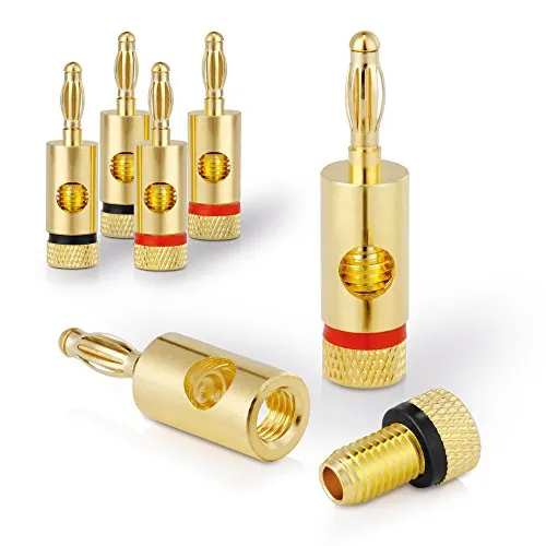 Sonero Bananenstecker Premium (4er-Set) für alle Lautsprecherkabel mit einem Durchmesser von max. 6mm², 4 Stück mit Farbcodierung (2x rot, 2x schwarz), 24k vergoldet