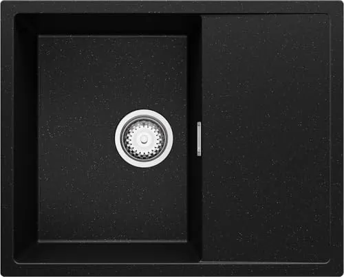 PRIMAGRAN Spülbecken Schwarz Metallic 62x50cm, Granitspüle 1 Becken + Ablauf-Set, Küchenspüle ab 45er Unterschrank - Ibiza S004