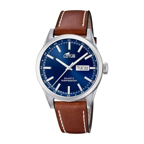 Lotus Herren Armbanduhr Analog Quarz Leder 18671/3 - Hochwertige Armbanduhr für Herren mit präzisem Quarzwerk und 10 bar Wasserdichtigkeit. Stilvolles Design mit blauem Zifferblatt und braunem Lederarmband.