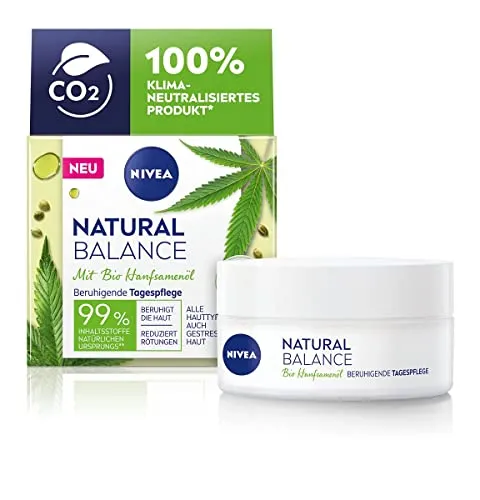NIVEA Natural Balance Bio Hanfsamenöl Beruhigende Tagespflege 50 ml - Tagespflege mit Bio Hanfsamenöl, beruhigt sofort, lindert Hautirritationen und reduziert sichtbar Rötungen. Ideal für sensible Haut, mit 99% natürlichen Inhaltsstoffen und veganer Formel.