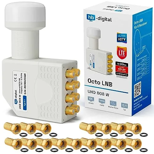 hb-digital Octo LNB (Test SEHR GUT *) LNC Kopf für 8 Teilnehmer Multiswitch Direkt LTE Protected Satelliten Digital Sat Full HD TV 3D 4K UHD Kontakte vergoldet Wetterschutz Weiß + 16x F-Stecker