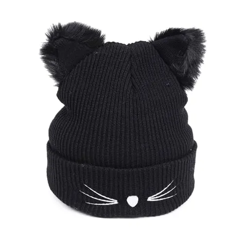 SKHAOVS Cat Beanie,Strickmütze Damen Slouch Beanie Mütze,Mütze mit Ohren,Katzenohren Beanie,Winter Warme Gestrickte Skimütze,Geschenke für Katzenliebhaber(Schwarz)