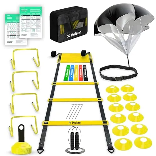 Hulser Fußball Trainingszubehör 26-teilig - Mit Koordinationsleiter 6 m, Hürden, Markierungshütchen, Springseil, Widerstandsfallschirmund und Widerstandsband-Set - Bewegungsgeschwindigkeit (Gelb)