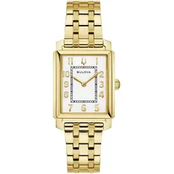 Bulova 97L186 Damen Armbanduhr - Elegante Quarz-Uhr in Gelbgold - Armbanduhren mit elegantem Design, ideal für besondere Anlässe. Die Bulova 97L186 vereint ein rechteckiges Edelstahlgehäuse mit einem stilvollen gelbgoldenen Armband.