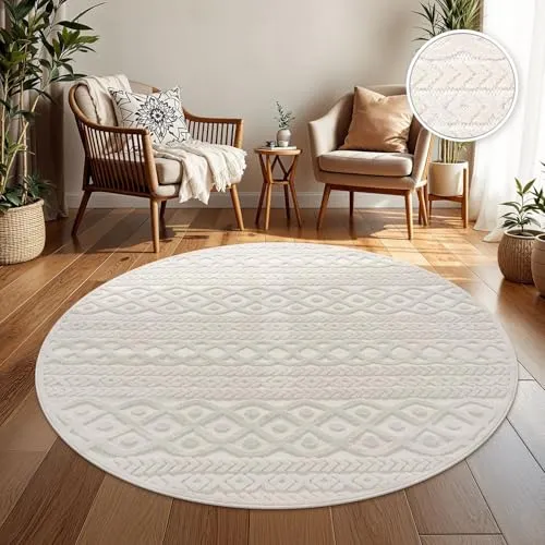 TT Home In-& Outdoorteppich Wetterfest Balkon Schlafzimmer Boho Skandi Motiv Unifarben Geometrische Optik Moderner Style, Farbe:Creme 4, Größe:120 cm Rund