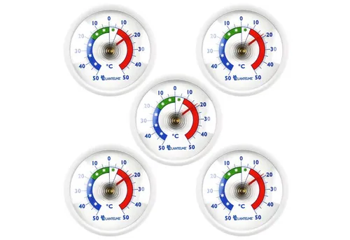Lantelme Kühlschrankthermometer 5 Stück Set Selbstklebend Gefrierschrank Kühltheken Thermometer, 5-tlg., mit Klebepads im Set, Deutsche Herstellung, Farbliche Skala, Temperauranzeige + - 50°C