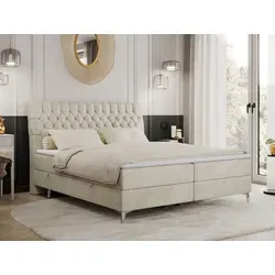 MILEN Boxspringbett 200x200 cm mit 2 Bettkästen und Matratze - Beige Velvet - Bequemes Boxspringbett in Beige mit 2 praktischen Bettkästen und 7-Zonen-Taschenfederkernmatratzen für optimalen Schlafkomfort. Hochwertiger, pflegeleichter Samtstoff mit hydrophober Technologie.