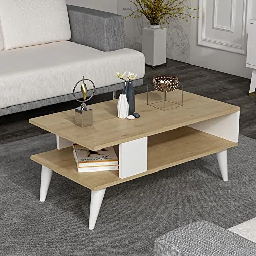 [en.casa] Couchtisch Lycksele - Stilvoller Beistelltisch mit Stauraum - Beistelltisch fürs Wohnzimmer mit zusätzlicher Ablage für mehr Stauraum. Rechteckige Form in Eiche-Optik Weiß - ideal für ein modernes Ambiente.