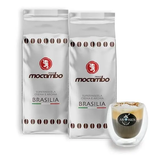 Mocambo Brasilia, Silber, ganze Bohne, 2kg (2er Pack) + doppeltwandige Espressotasse