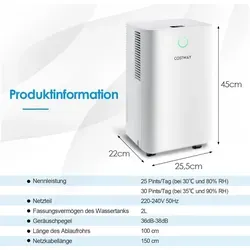 15m2 Entfeuchter 15L Entfeuchter mit 3 Modi Mobile Luftentfeuchter 25,5 x 22 x 45 cm Weiß - Weiß