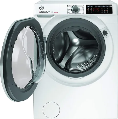Hoover Waschtrockner H-WASH500 HDQ 496AMBS/1-S - Waschtrockner mit 9 kg Wasch- und 6 kg Trockenkapazität, ausgestattet mit Aquastop-Schlauch und Dampffunktion zur Faltenreduktion für weniger Bügelzeit.