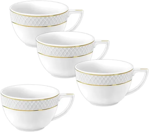 Wilmax Jumbo-Becher mit Goldlinien, 500 ml, 4er Set - Thermobehälter, elegantes Porzellan-Set mit Goldrand, ideal für Tees und Kaffee, gefrierschrankgeeignet und spülmaschinenfest.