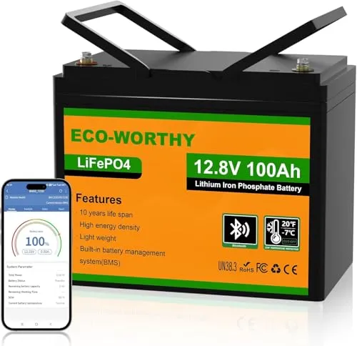 ECO-WORTHY LiFePO4 12V 100Ah Bluetooth mit 100A BMS Low Temperature Schutz und Max. 15000 Zyklens,1280Wh Lithium Batterie 12V 100Ah Autobatterie für Wohnmobil,Wohnwagen,Boot