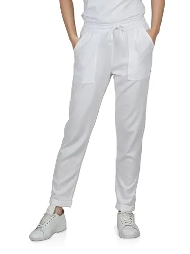 DENIMFY Leinenhose Damen Sommer lang Sommerhose leicht Strandhose Regular Fit DFLinda Freizeithose Gummizug Einfarbig Weiß M, Größe:M, Farben:White