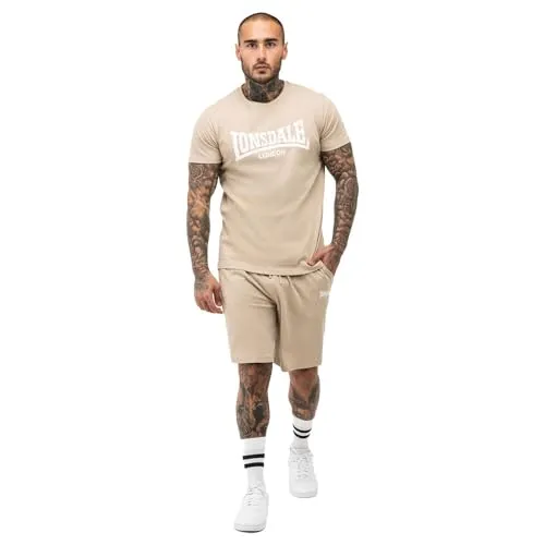 Lonsdale Herren T-Shirt & Shorts Set MOY, Beige/White, L - Stylisches Streetwear Trainingsanzug-Set für Herren, aus reiner Baumwolle, mit Rundhals-T-Shirt und bequemen Shorts, ideal für sportliche Aktivitäten oder entspannte Tage.