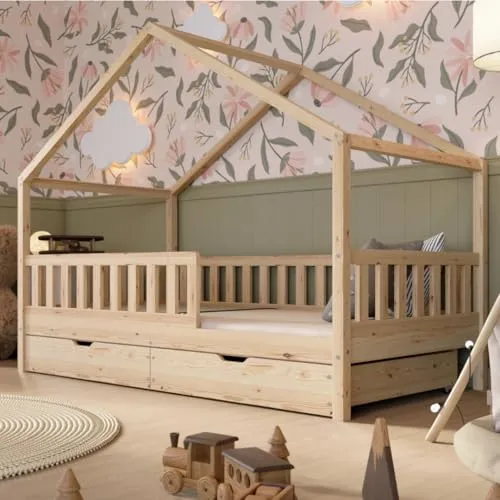 Produktbild Crazy Pine Hausbett mit Schubladen 80x160 cm – Sicheres Montessori Kinderbett aus Naturholz