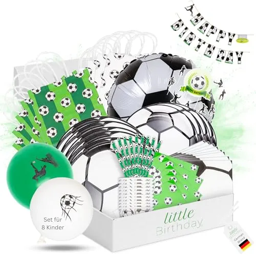 LITTLE BIRTHDAY | Fußball Partygeschirr Paket Set Kindergeburtstag | Party Deko| Geburtstag 8 Personen | Pappteller| Pappbecher| Servietten| Luftballons | Topper | Einladungskarten | Tütchen | alles
