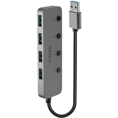 LINDY 4 Port USB 3.0 Hub mit Ein- und Ausschaltern - USB Hub für 4 Geräte mit einzeln schaltbaren Ports, optimiert für Stromverbrauch und Datentransferraten bis 5 Gbit/s – ideal für effizientes Powermanagement.