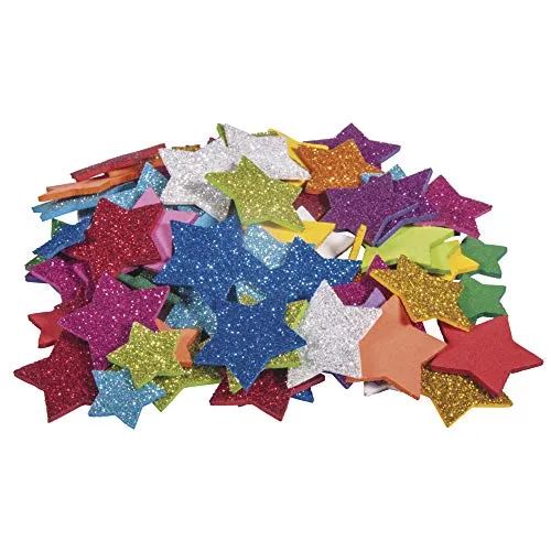 Rayher 30231000 Moosgummi Sterne Glitter, 2 + 3 cm ø, 100 Stück, selbstklebend, Farben gemischt, Glitter Schaumstoff Sticker, Moosgummi-Aufkleber Stern, zum Dekorieren, Bunt