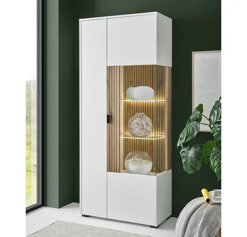 Lomadox Vitrine HUNTER-61 Vitrine Standvitrine Schrank weiß matt Eiche gerillt 75x180x38 cm