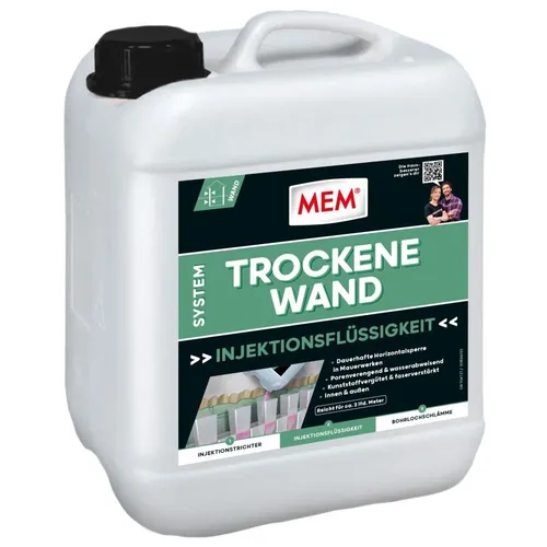 MEM System Trockene Wand Injektionsflüssigkeit 10 l - Witterungsschutz für dauerhaft trockene Wände, ideal gegen aufsteigende Feuchtigkeit, frostsicher und einfach anzuwenden in allen Mauerwerken.