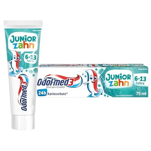 Odol-med3 Juniorzahn Zahnpasta 75ml - Zahnpasta für Kinder ab 6 Jahren mit 24h Kariesschutz und 95% natürlichen Inhaltsstoffen. Mild im Geschmack, ideal für gesunde Milch- und bleibende Zähne.