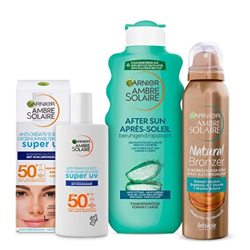 Garnier Ambre Solaire Pflegeset für gebräunte Haut - 3-teiliges Sonnenschutzset mit LSF 50+, Selbstbräuner und After Sun Lotion für gleichmäßige Bräune und geschützte Haut. Ideal für alle Hauttypen, sorgt für Feuchtigkeit und Pflege nach dem Sonnenbad.