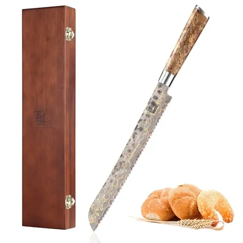 ZAYIKO Brotmesser MysticMagma 27cm – Exquisites Damastmesser mit Kupfer-Bronze-Einlage