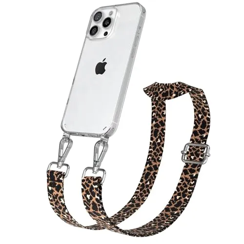 EAZY CASE Handykette - Verstellbares Taschenband kompatibel mit iPhone 16 Pro Max, Schulterriemen, Handykordel mit Silikon Hülle, Umhängetasche, Leo - Schwarz Braun Silber