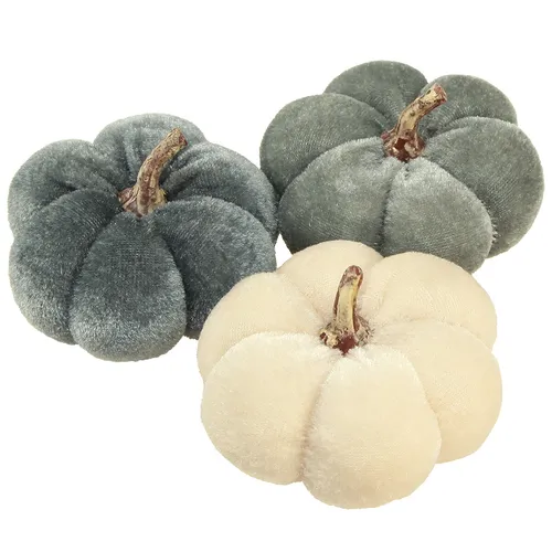 Deko Kürbisse Samt Creme Grau Herbst Tischdekoration Ø7cm 9er Set, 9 Stück
