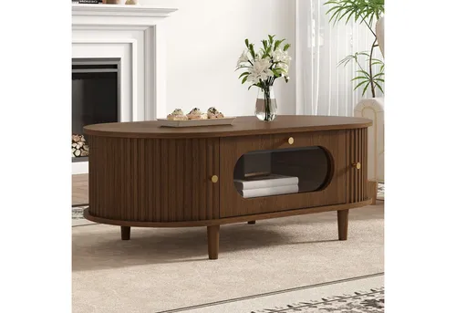 Merax Couchtisch in Holzoptik mit Stauraum und Rolltüren, 100x50x36cm - Eleganter Merax Couchtisch 100x50x36 cm in Walnussholzoptik mit praktischen Schublade und Rolltüren. Ideal für stilvolle Wohnräume und optimalen Stauraum für Alltagsgegenstände.