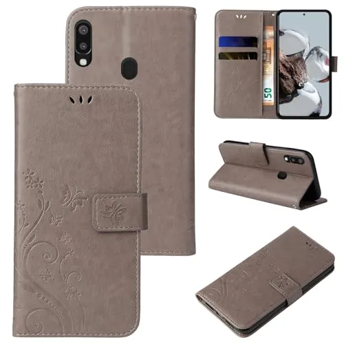 LBH Handy Hülle für Samsung Galaxy A20e Case Handytasche Schmetterling Blumen Flower Standfunktion Schutzhülle Magnet Rundum Schutz 360 Grad Flipcase Cover Grau