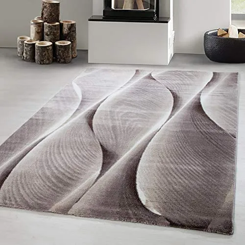 Carpetsale24 Teppich Wohnzimmer 200x290 cm Beige Modern Holz Optik Wellen Design Kurzflor Schlafzimmer Esszimmer Küche Jugendzimmer Waschbar Pflegeleicht Extra Weich