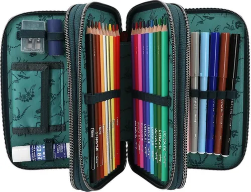 Dino World 3-Fach Federtasche DANGER - Bunte 3-Fach Federtasche für Kinder von 6-10 Jahren, ideal für Schule und Freizeit mit viel Platz für Stifte und Zubehör.