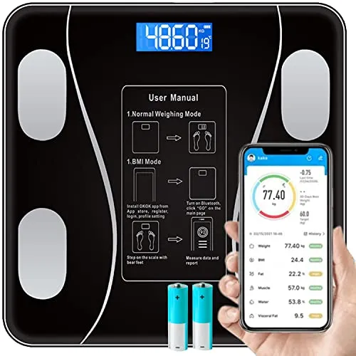 Retoo Körperfettwaage Bluetooth, Digitale Personenwaage mit App-Funktion, Waage für Körperfett, Gewicht, BMI, BMR, Muskelmasse, Körperanalysewaage, Intelligente Smart-Waage Personen, Schwarz