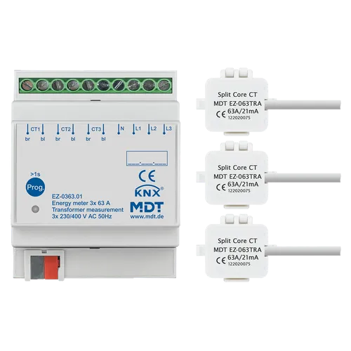 KNX Energiezähler 3-fach 63 A - Präzise Wandlermessung - Steckdosen & Zubehör, 3-fach Energiezähler für präzise Verbrauchsmessung, ideal für moderne Hausautomatisierung.