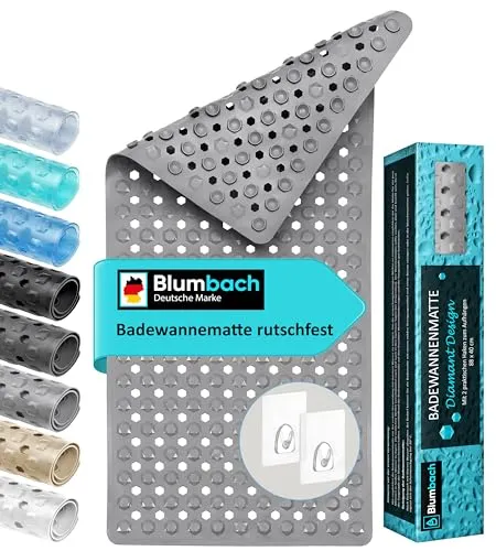 Blumbach® Badewannenmatte rutschfest 88x40cm – inkl. 2 Haken zum Trocknen | 100% BPA-frei, Sicher für Kinder & Senioren | Badematte rutschfest 200+ Saugnäpfe | Schimmelresistent, Maschinenwaschbar