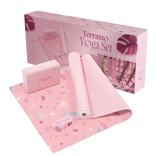 Produktbild Myga Yoga Starter Kit | Komplettes Set mit Yogamatte, Yogablock & Gurt | rutschfest & Unterstützend | Ideal für Anfänger & Zuhause sowie Reisen | Unterschiedliche Druck Designs