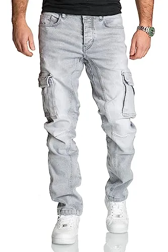 REPUBLIX Herren Cargo Jeans Regular Slim Denim Hose Destroyed R7977 Grau W33/L30
